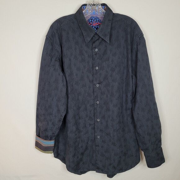 Robert Graham Mens XL Shirt Textured Black Button Up Flip Cuff Cotton Silk Trim - Picture 1 of 15
